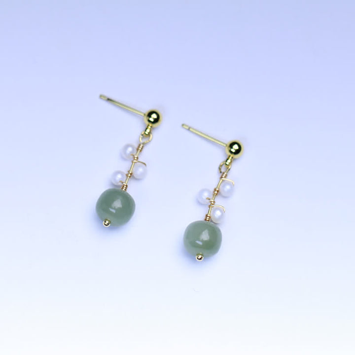 Hetian Jade Flower Pattern 14K Gold Plated Luck Drop Dangle Earrings