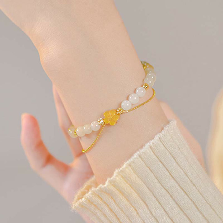 925 Sterling Silver Natural Hetian Jade Peach Blossom Luck Chain Bracelet