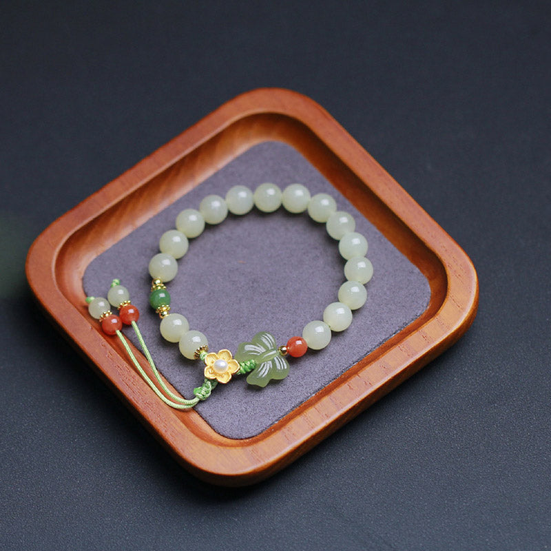 925 Sterling Silver Jade Luck Flower Butterfly Bracelet