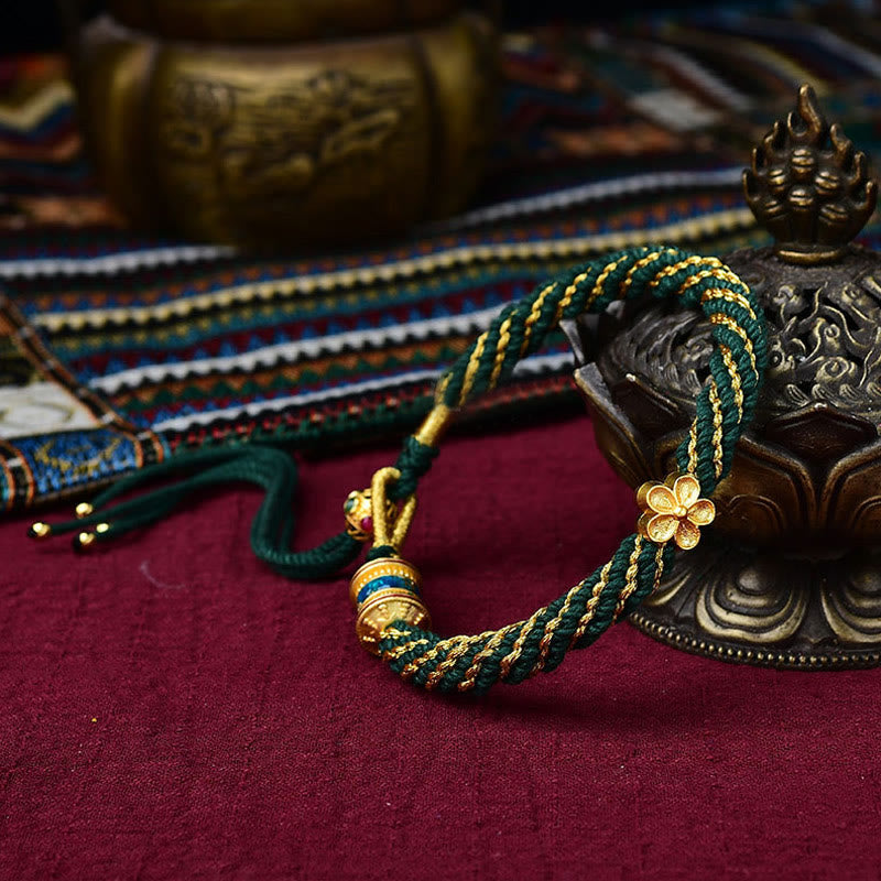 Tibet Handmade Five God Of Wealth Luck Thangka Amulet Prayer Wheel Flower Charm Weave String Bracelet