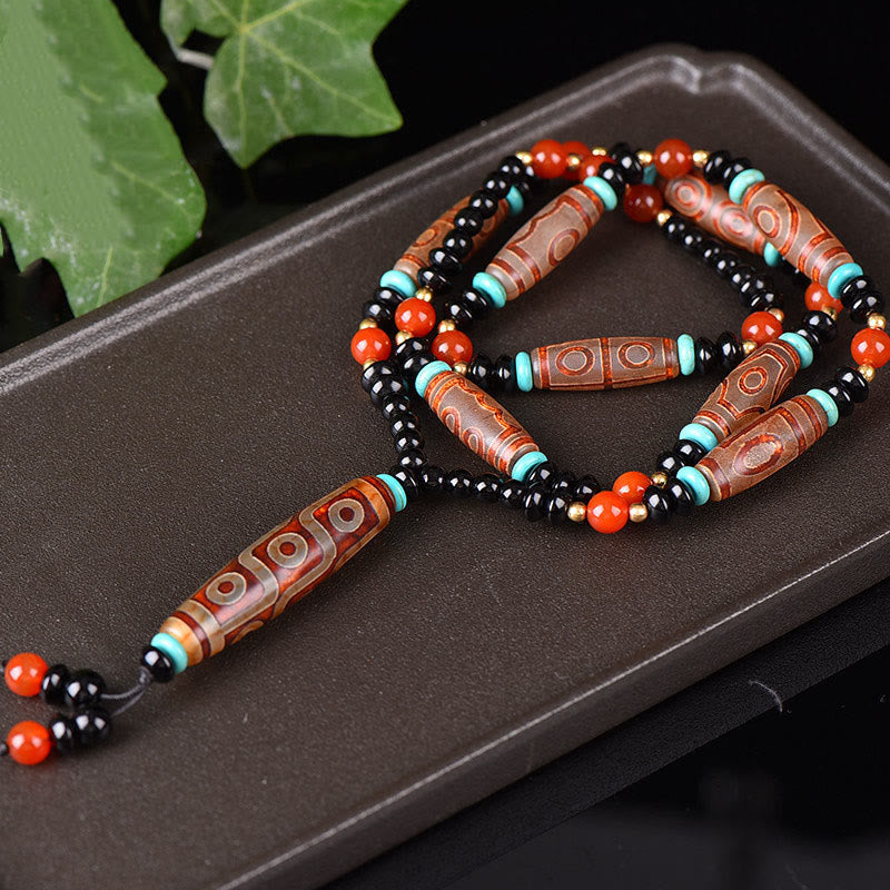 Buddha Stones Natural Tibetan Brown Nine-Eye Dzi Bead Agate Wealth Necklace Pendant