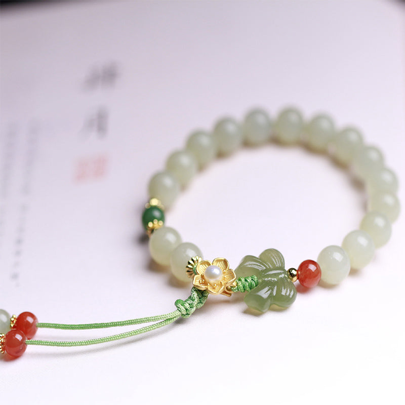 925 Sterling Silver Jade Luck Flower Butterfly Bracelet