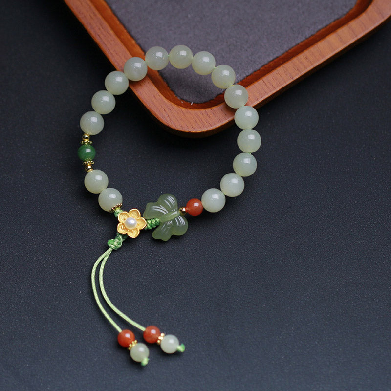 925 Sterling Silver Jade Luck Flower Butterfly Bracelet