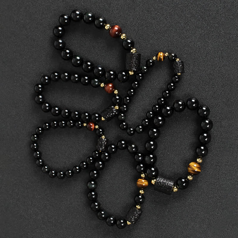 Black Obsidian Ebony Wood Red Tiger Eye Strength Couple Bracelet