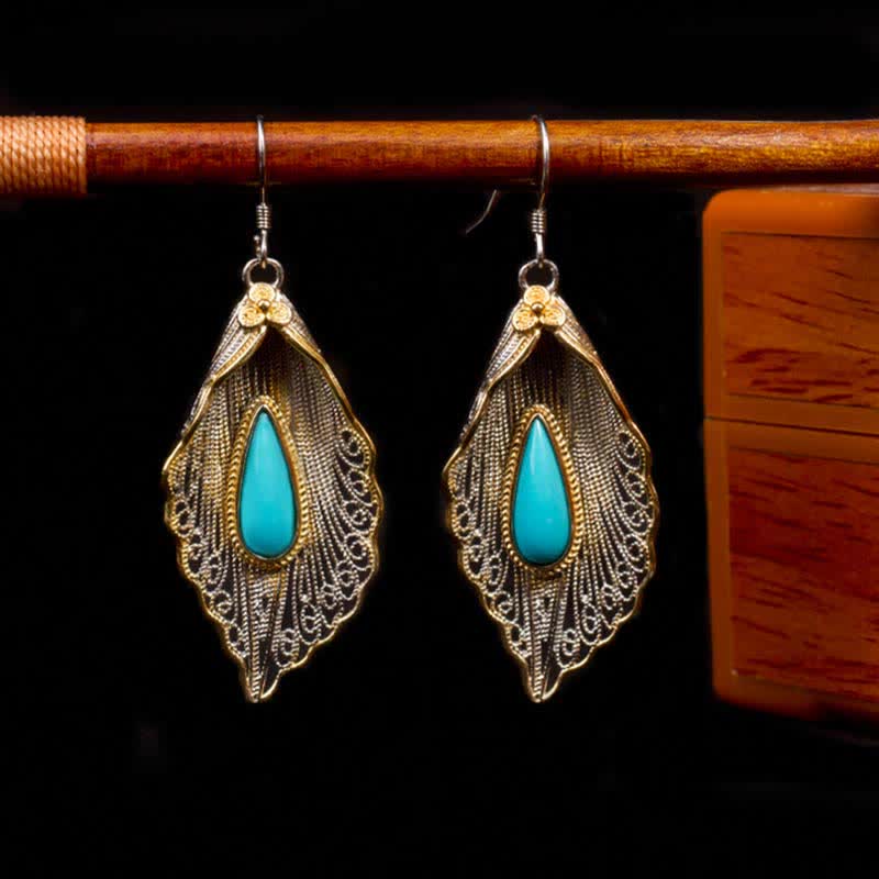 925 Sterling Silver Turquoise Bodhi Leaf Pattern Protection Drop Dangle Earrings