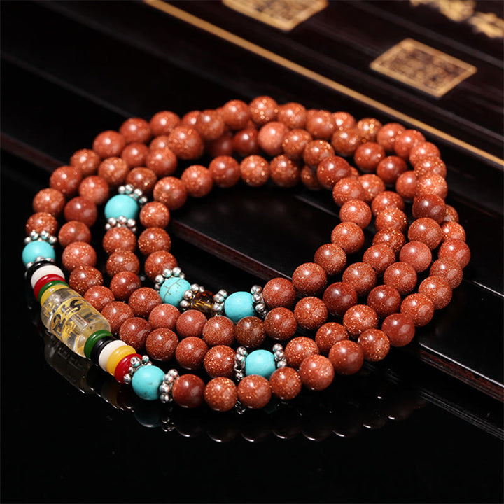 Buddha Stones 108 Mala Beads Goldstone Om Mani Padme Hum Swastika Confidence Bracelet