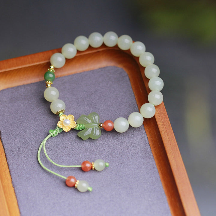925 Sterling Silver Jade Luck Flower Butterfly Bracelet