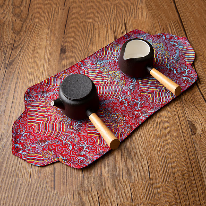 Buddha Stones Sea Wave Bamboo Plum Blossom Brocade Embroidery Cup Mat Pad Tea Cup Coaster Kung Fu Tea Mat