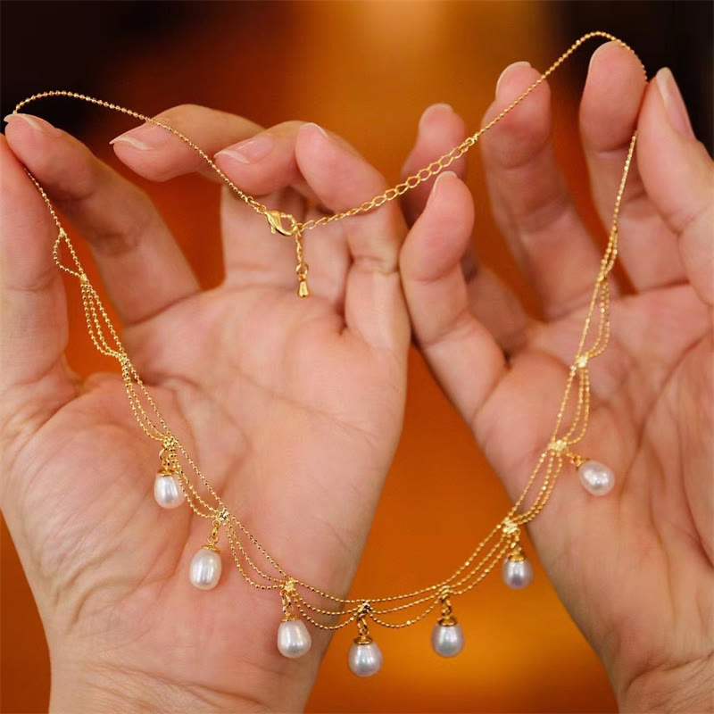 Vintage 14K Gold Plated Pearl Bead Healing Multilayer Necklace Pendant