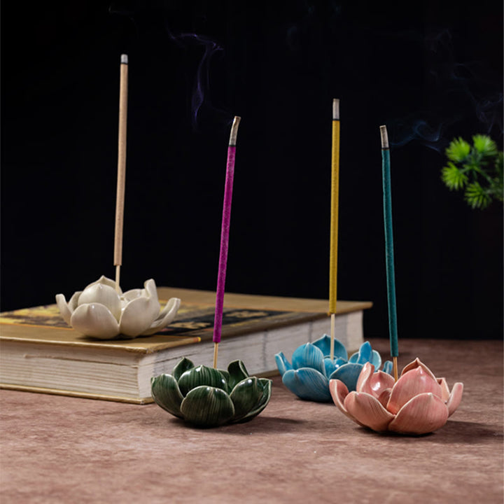 Buddha Stones Small Lotus Flower Pattern Meditation Ceramic Stick Incense Burner Decoration