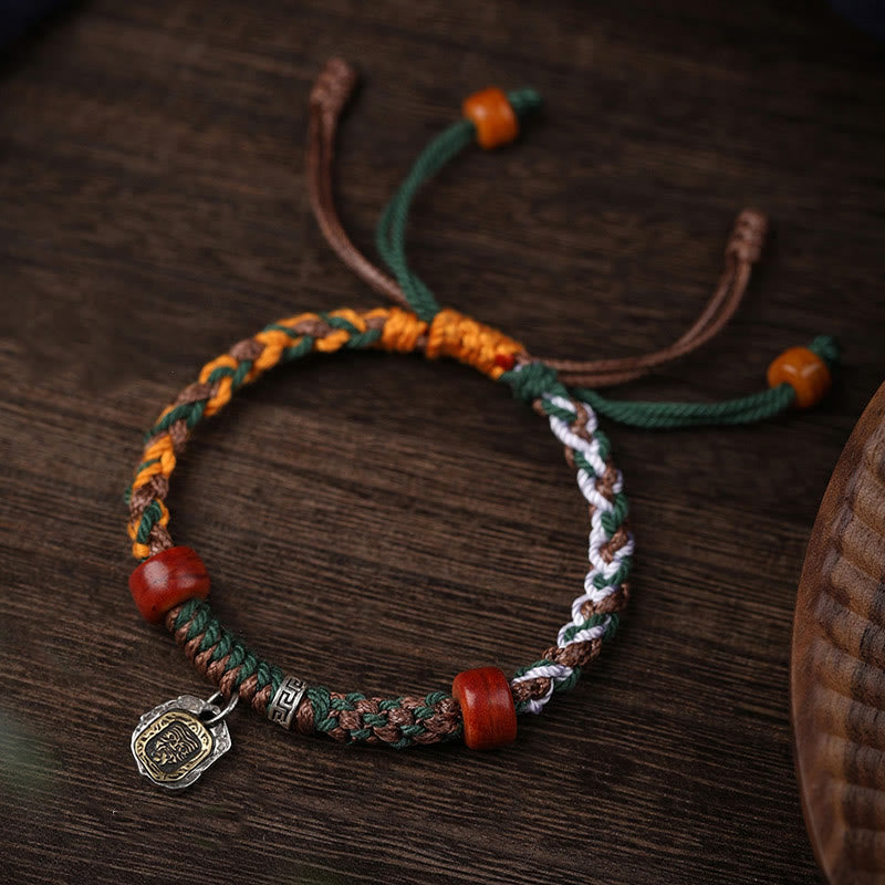 Buddha Stones Handmade Tibetan Silver 925 Sterling Silver Zakiram Goddess of Wealth Camel Bone Protection Braided Bracelet