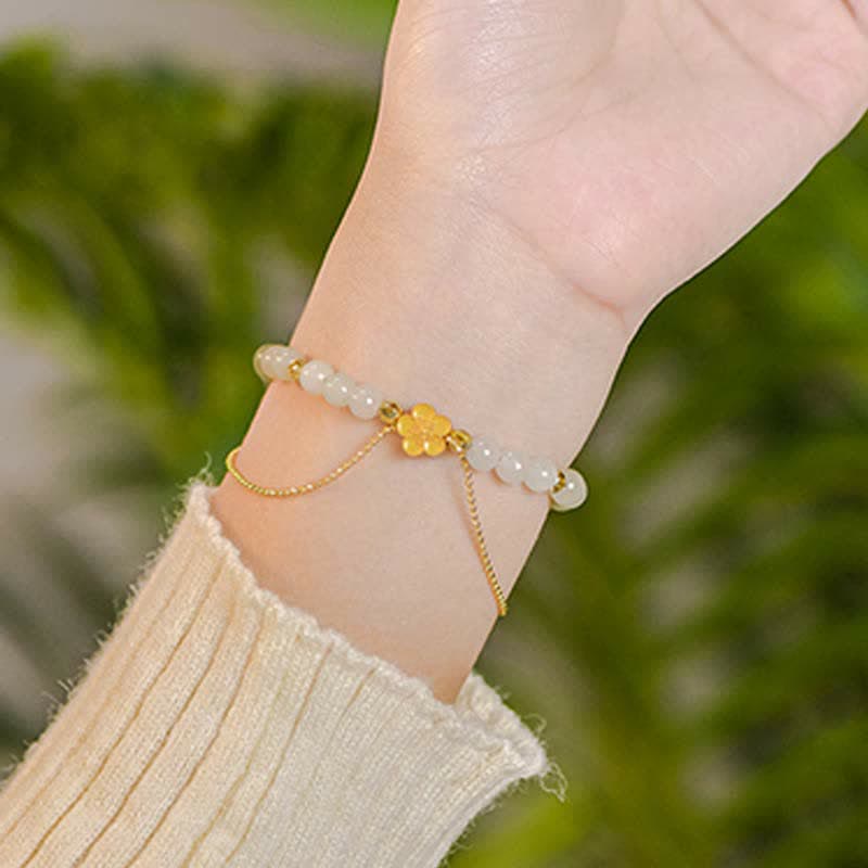 925 Sterling Silver Natural Hetian Jade Peach Blossom Luck Chain Bracelet