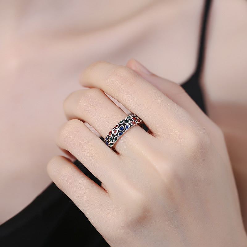 Buddha Stones Colorful Plum Blossoms Design Healing Copper Adjustable Ring