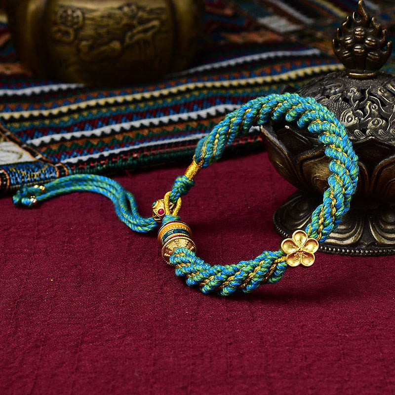 Tibet Handmade Five God Of Wealth Luck Thangka Amulet Prayer Wheel Flower Charm Weave String Bracelet