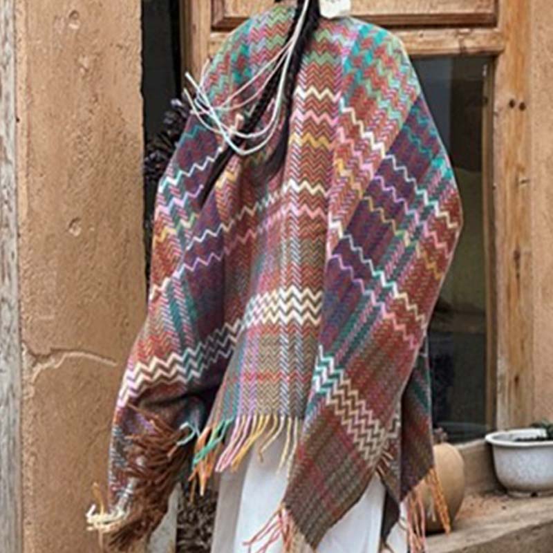 Buddha Stones Tibetan Shawl Colorful Wavy Striped Shapes Tassels Winter Cozy Travel Scarf Wrap