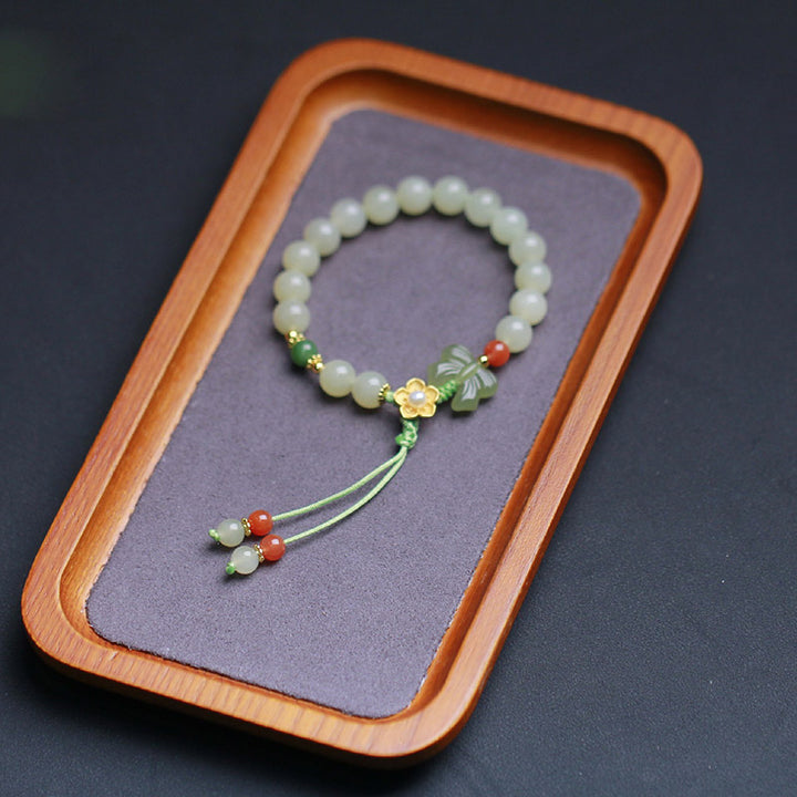 925 Sterling Silver Jade Luck Flower Butterfly Bracelet
