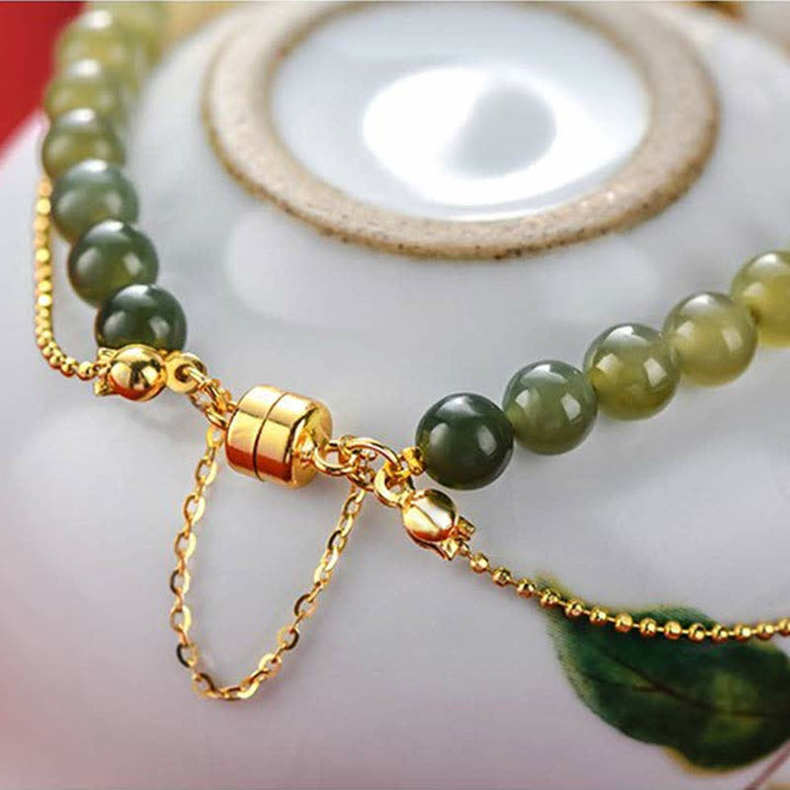 925 Sterling Silver Natural Hetian Jade Peach Blossom Luck Chain Bracelet