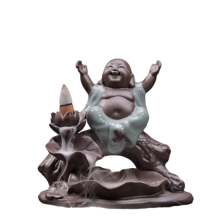 Buddha Little Monk Ceramic Lotus Blessing Incense Burner Decoration