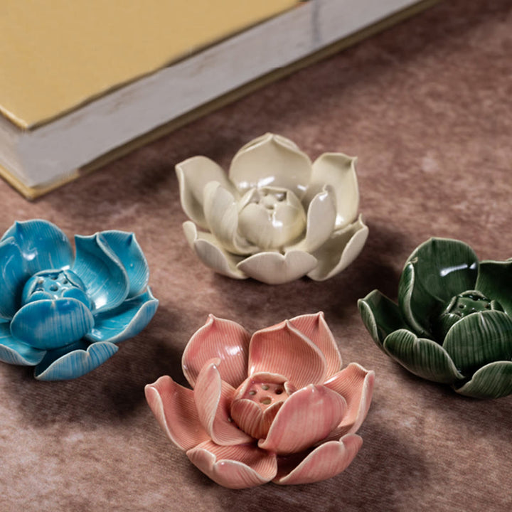 Buddha Stones Small Lotus Flower Pattern Meditation Ceramic Stick Incense Burner Decoration