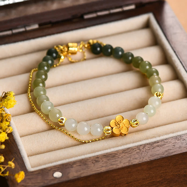 925 Sterling Silver Natural Hetian Jade Peach Blossom Luck Chain Bracelet