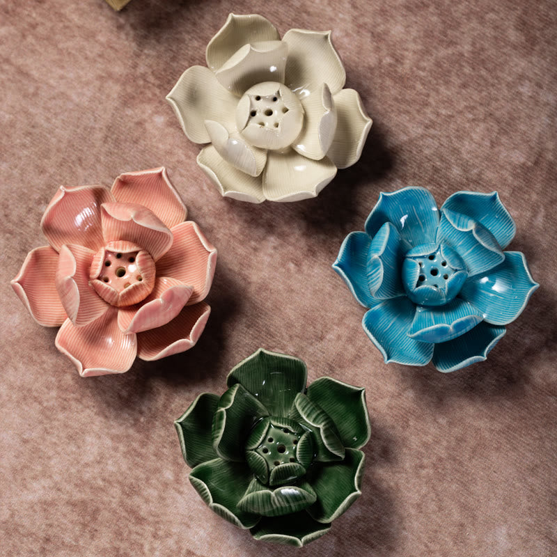 Buddha Stones Small Lotus Flower Pattern Meditation Ceramic Stick Incense Burner Decoration