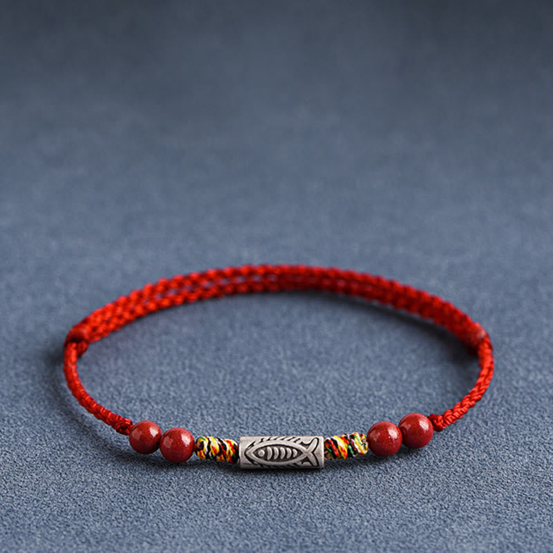 Buddha Stones 925 Sterling Silver Koi Fish Cinnabar Bead Wealth Handcrafted Braided Bracelet Anklet
