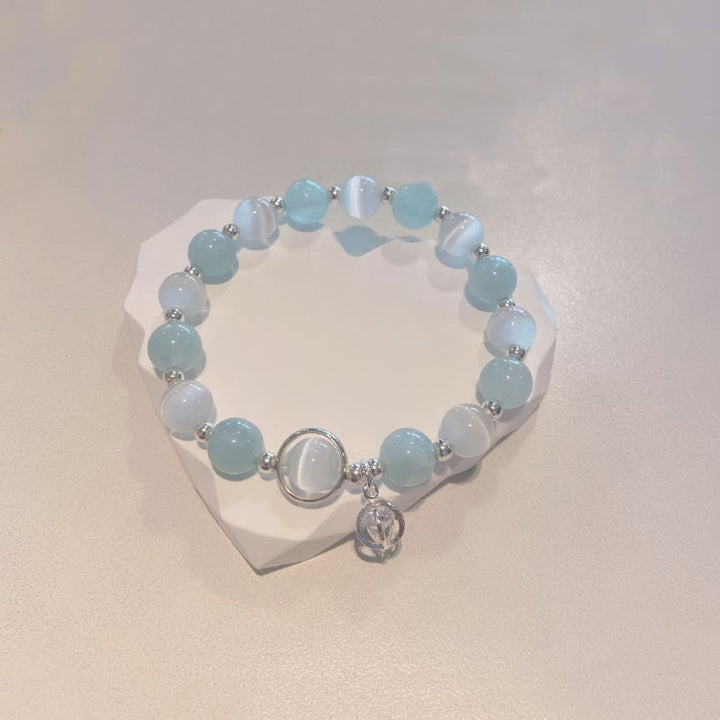 Buddha Stones 925 Sterling Silver Cat's Eye Aquamarine Support Charm Bracelet - image 6