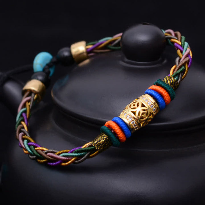 Buddha Stones Tibetan Handmade Eight Thread Knot Copper Coin Luck Weave String Bracelet - Copper Coin(Wrist Circumference 15-18cm) - image 0