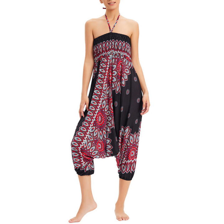 Buddha Stones Two Style Wear Sunflower Loose Smocked Harem Trousers Jumpsuit High Waist Pants