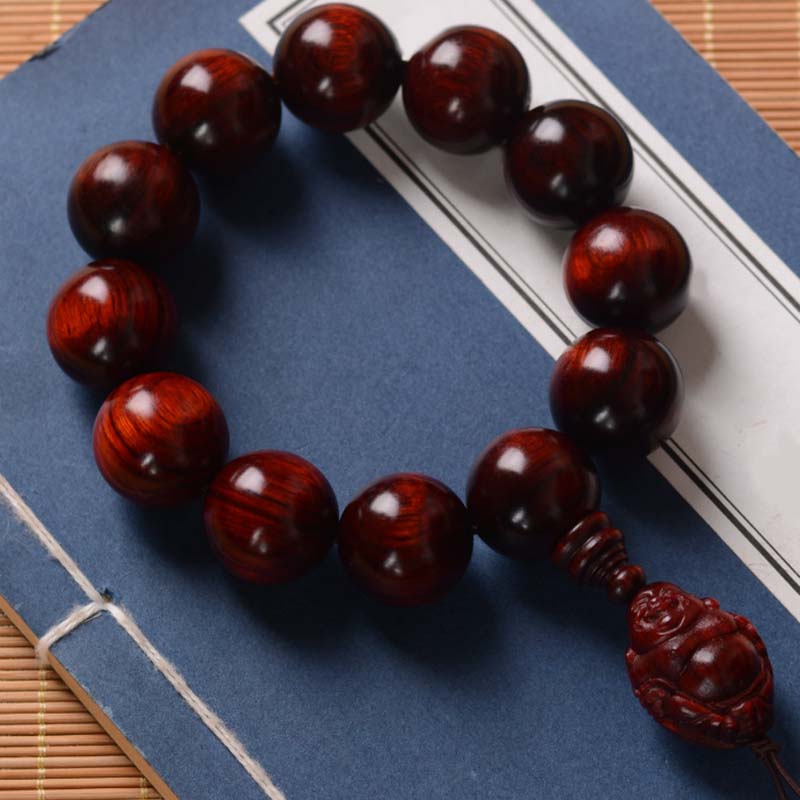 Buddha Stones Small Leaf Red Sandalwood Laughing Buddha God of Wealth Protection Bracelet