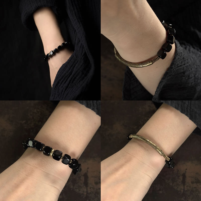 Buddha Stones Black Obsidian Crystal Copper Strength Couple Bracelet - image 11