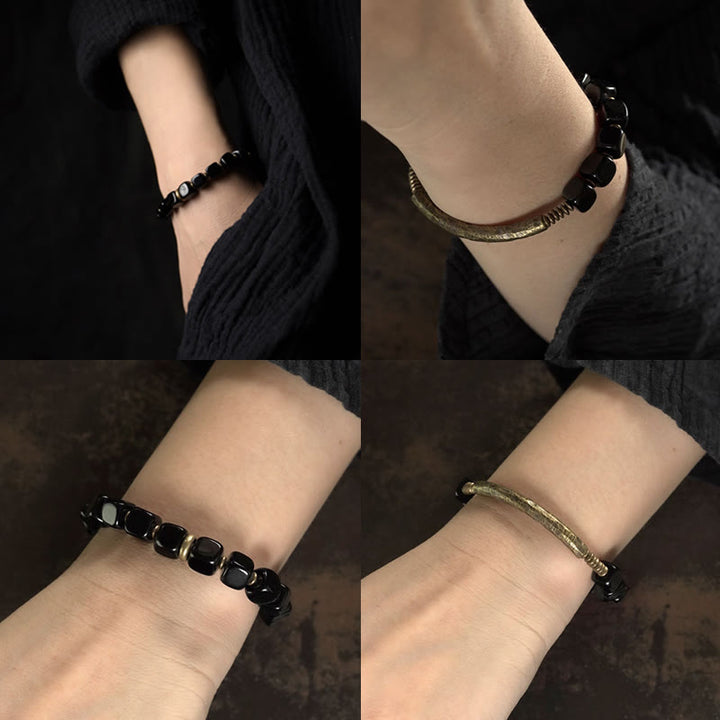 Buddha Stones Black Obsidian Crystal Copper Strength Couple Bracelet - image 11
