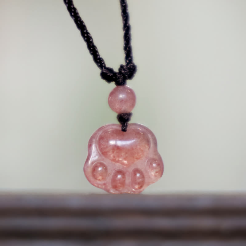 Buddha Stones Strawberry Quartz Lovely Cat Paw Claw Healing Necklace Pendant - image 6