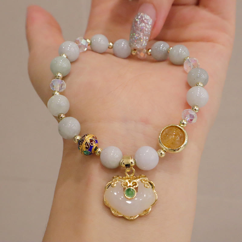 Buddha Stones Strawberry Quartz Green Crystal Amethyst Healing Chinese Lock Charm Bracelet