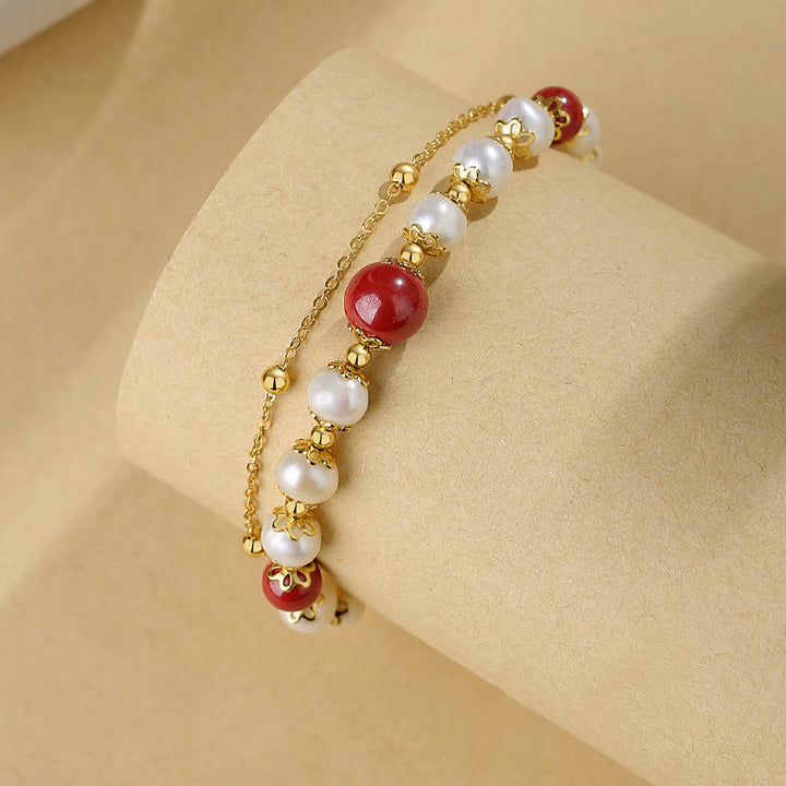 Buddha Stones 925 Sterling Silver Pearl Cinnabar Wisdom Bead Double Layer Chain Bracelet - image 1
