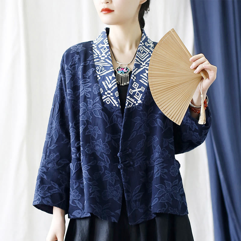 Buddha Stones Flower Jacquard V-Neck Long Sleeve Jacket