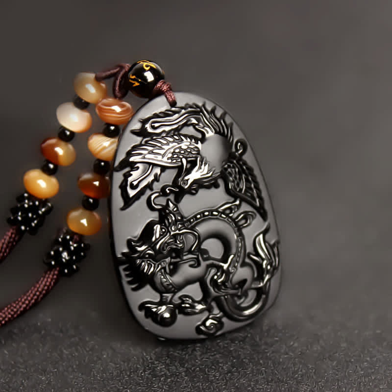 Black Obsidian Tiger Eye Dragon Phoenix Protection Beaded Necklace Pendant - image 2
