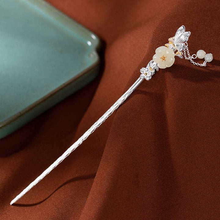 925 Sterling Silver Hetian White Jade Flower Blessing Hairpin - image 14