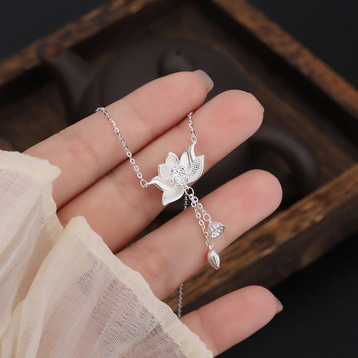 Buddha Stones 999 Sterling Silver Lotus Flower Pod Carved Enlightenment Necklace Pendant - image 5