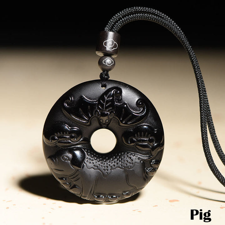 Buddha Stones Chinese Zodiac Natural Black Obsidian Peace Buckle Strength Necklace Pendant - Pig - image 22
