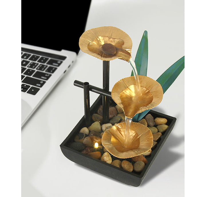 Three Layers Waterfall Fountain Tabletop Lotus Ornaments With River Rocks Desktop Decoration