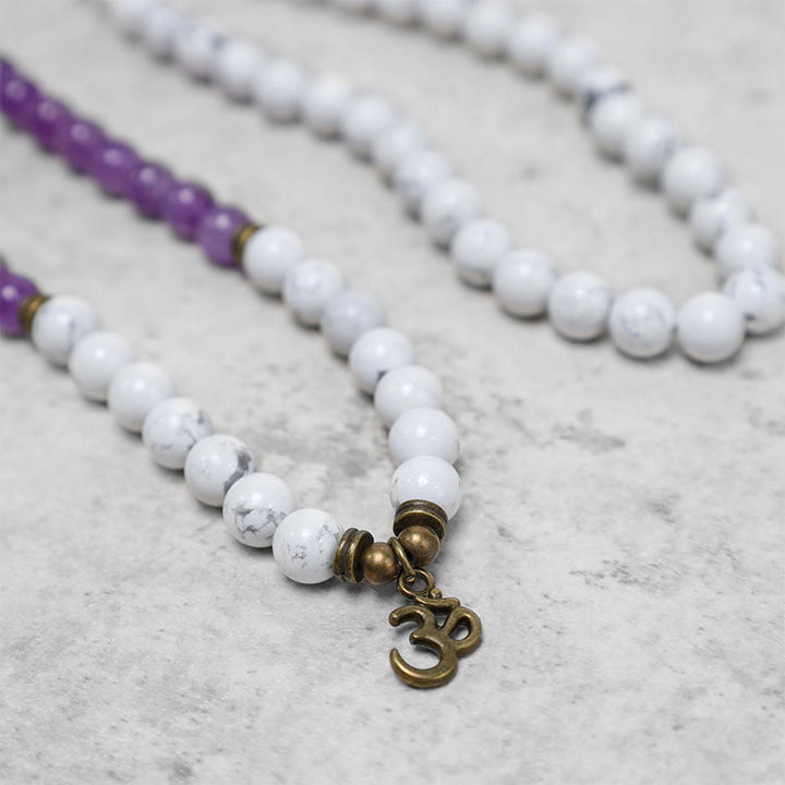 108 Mala Beads Amethyst White Turquoise OM Healing Meditation Energy Bracelet - image 5