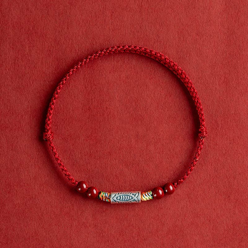 Buddha Stones 925 Sterling Silver Koi Fish Cinnabar Bead Wealth Handcrafted Braided Bracelet Anklet - Anklet(Circumference 17-30cm) - Dark Red Rope - image 12