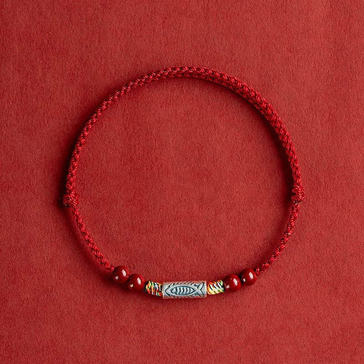 Buddha Stones 925 Sterling Silver Koi Fish Cinnabar Bead Wealth Handcrafted Braided Bracelet Anklet - Anklet(Circumference 17-30cm) - Dark Red Rope - image 12