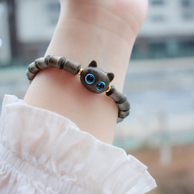 Buddha Stones Ebony Wood Green Sandalwood Cute Cat Peace Bracelet - image 7