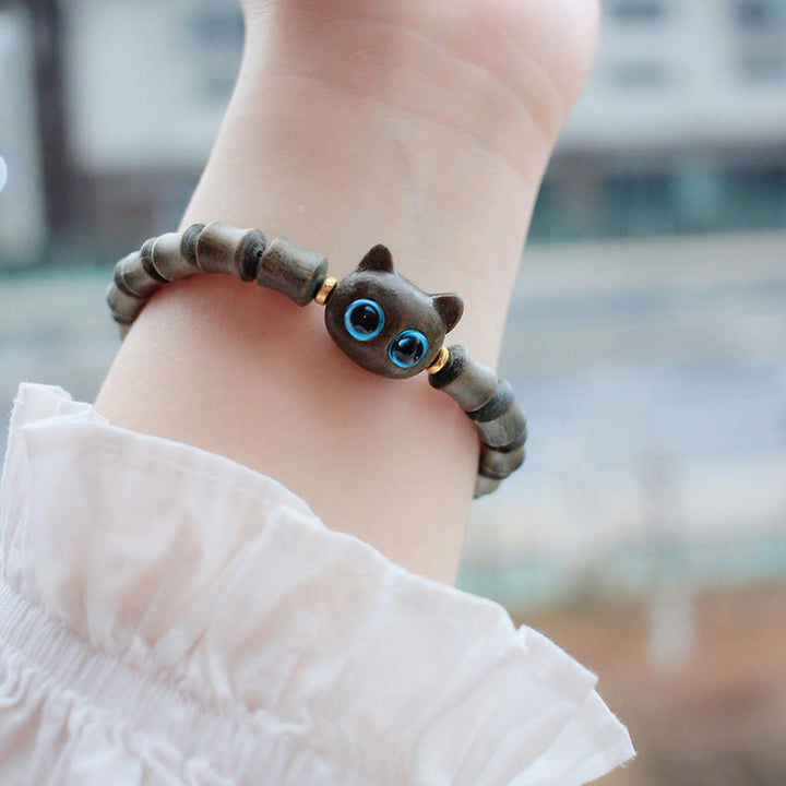 Buddha Stones Ebony Wood Green Sandalwood Cute Cat Peace Bracelet - image 7