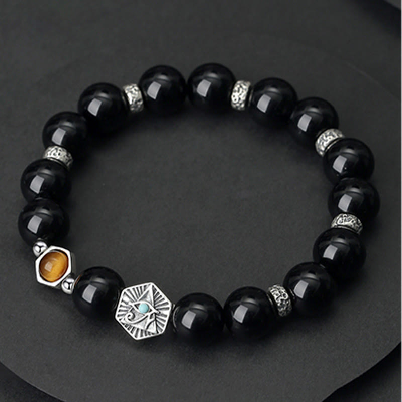 Buddha Stones 925 Sterling Silver Black Obsidian Tiger Eye Eye of Providence Purification Bracelet - image 5