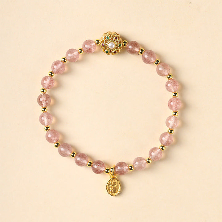 Buddha Stones 14K Gold Plated Natural Strawberry Quartz Labradorite Sun Stone Fu Character Positive Charm Bracelet - image 1