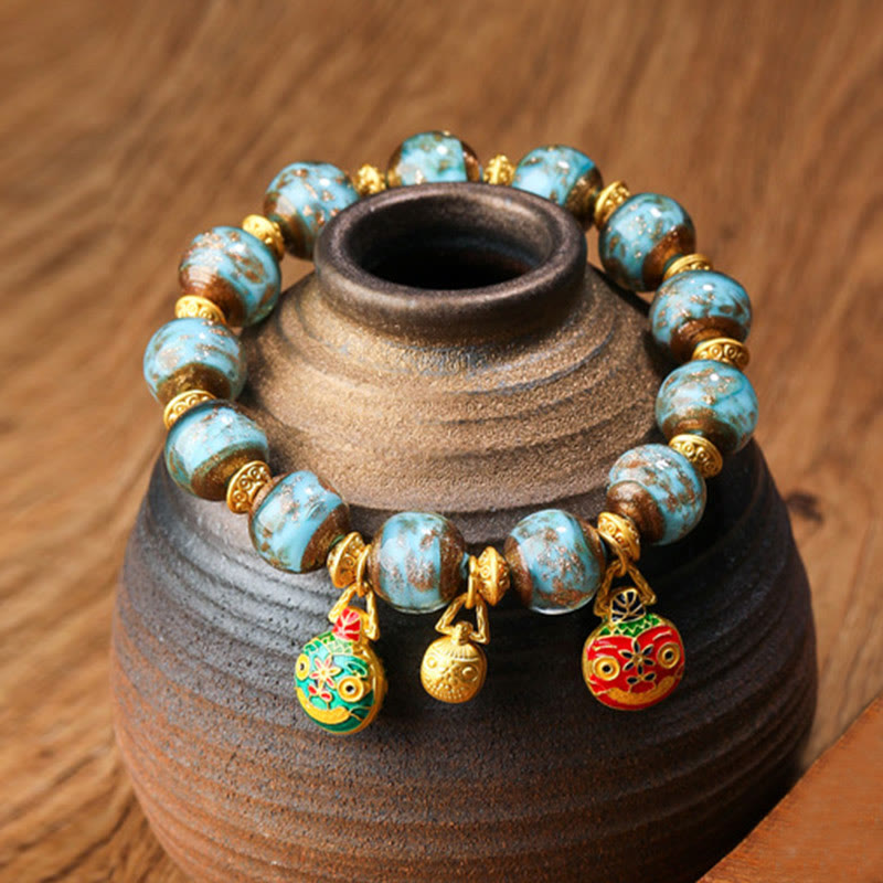 Buddha Stones Gold Swallowing Beast Family Charm Liuli Glass Bead Fortune Bracelet - Light Blue - Gold Swallowing Beast Family - 12mm - image 5