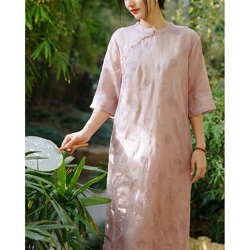 Buddha Stones Dandelion Flower Embroidery Half Sleeve Ramie Linen Chinese Cheongsam Midi Dress With Pockets